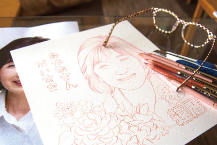 米寿のお祝い似顔絵下書きを描いているところ 岡山県,倉敷市,岡山市
